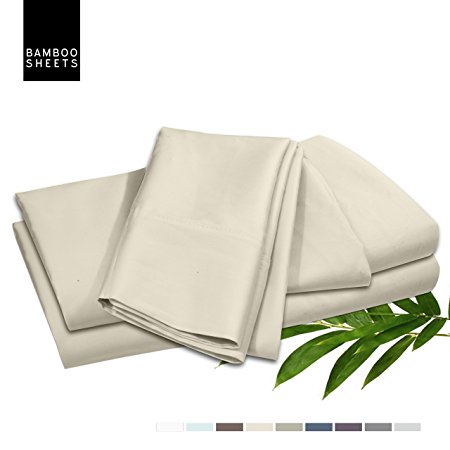 Bamboo Bed Sheet Set, Cream, Queen, Made From 100% Rayon Bamboo Cotton, Luxury Super Silky Soft, Extra Thick Corner Elastic Straps on Fitted Sheet, Flat Sheet & Pillowcases included, Machine Washable