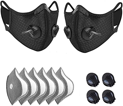 Freefa 2pcs Face Bandanas Washable UK with 4pcs Breathing valve and 6pcs Five-layer Activated Carbon Filters Replaceable Haze Dust Face Health for Adults