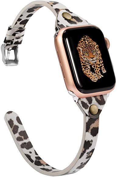 Wearlizer Thin Leather Compatible with Apple Watch Bands 38mm 40mm for iWatch Womens Slim Smooth Leopard Strap with Rivet Leisure Cute Wristband (Metal Silver Clasp) Series 4 3 2 1 Edition Sports