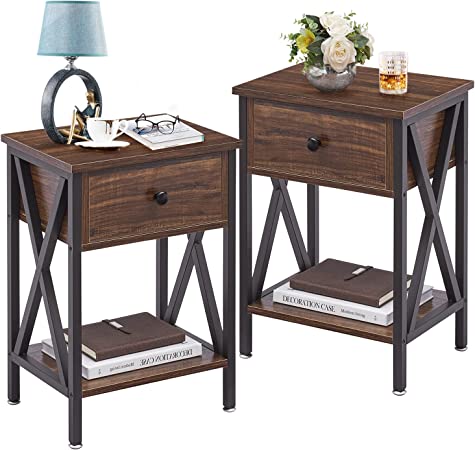 VECELO Nightstand Modern Side End Tables Night Stand with Bin Drawer for Living Room Bedroom, Set of 2, Industrial Metal Frame, Nightstands, Brown