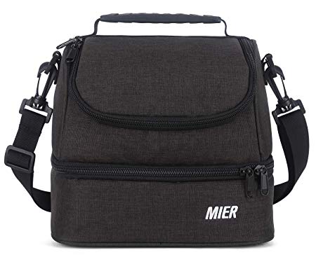 MIER 2 Compartment Small Lunch Bag for Men Women Kids Leakproof Cooler Lunch Tote with Shoulder Strap, Dark Grey