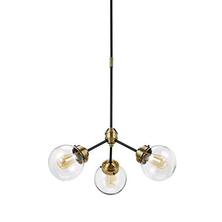 Rivet Mid-Century Modern Two-Tone Black and Brass 3-Light Pendant, 57" H, With  Bulbs, Glass Shades