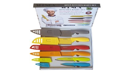 Skenda 12pc Kitchen Knives Ceramic Coated Set Includes 6 World Class Quality Knifes With Sheath for Each On A Luxury Box - Nonstick Cutlery - Free E-books ( 5 ) With This Set.