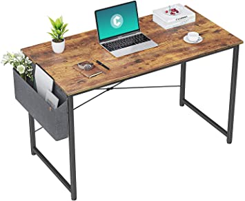 Cubiker Computer Desk 100 cm, Home Office Small Writing Study Desk, Modern Simple Style Laptop Table with Storage Bag, Simple Assembly, Steel Frame, Industrial Design, Rustic Brown