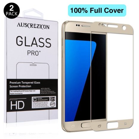 [Full Cover] Samsung Galaxy S7 screen protector ,AUSCREZICON [2-PACK] 0.26mm 9H Tempered Glass ,High Definition, Full 100% Coverage for Samsung Galaxy S7 [NOT S7 Edge] (Lifetime Warranty) (Golden)