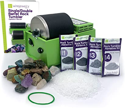 WireJewelry Single Barrel Rock Tumbler Kit - Includes 1.5 Pounds of Gemstones of The World Stone Mix and 1 Batch of 4 Step Abrasive Grit and Polish with Plastic Pellets