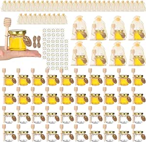 1.5oz Mini Honey Jars with Dipper 48Pack,45ml Round Mini Glass Jars with Lids/Wooden Dippers/Bee Pendants/Gift Bags/Tags/Twine String,Small Honey Jars for Wedding,Party Favor(Gold Lids)