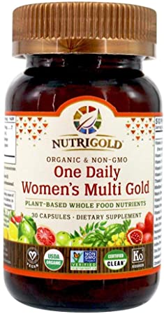 NUTRIGOLD - ONE Daily Women's Multi Gold 30cap (Organic, Non-GMO, Whole-Food Vitamins and Minerals from Real Fruits, Vegetables, and Herbs. Convenient one-per-Day Vegan Capsules!) 30 Servings