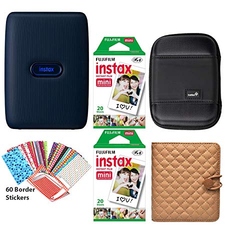 Fujifilm Instax Mini Link Smartphone Printer (Dark Denim), Photo Album (Coffee), Carrying Case, 40 Instax Sheets and 60 Border Stickers