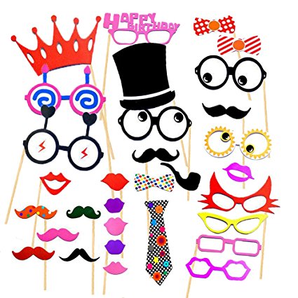 Cxy Photo Booth Props 31pcs Diy Kit For Birthday Party, Various Colors of Mustache, Glasses Frames, Ties, Lips, Crown, Pipe, Eyes, Hat and Happy Birthday Sign