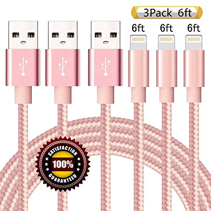 BULESK iPhone Cable 3Pack 6FT Nylon Braided Certified Lightning to USB iPhone Charger Cord for iPhone 7 Plus 6S 6 SE 5S 5C 5, iPad 2 3 4 Mini Air Pro, iPod Nano 7- Pink