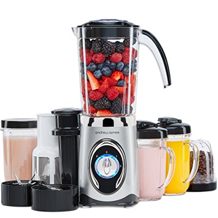 Andrew James 4 in 1 Smoothie Maker, 1.5L Blender, Grinder And Juicer with 2x 600ml Drinks Cups (Silver)