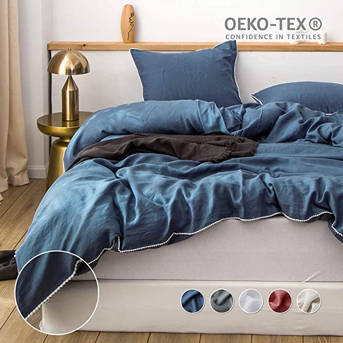 Simple&Opulence 100% Pure Linen Duvet Cover Set King(104" x 92"), 1 Comforter Cover and 2 Pillow Shams, Soft Breathable Bedding Set with White Pom Pom Trim Design(Denim Blue)