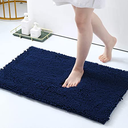 Olanly Luxury Chenille Bathroom Rugs, Bath Shower Mat Machine Wash Dry, Non Slip Absorbent Shaggy Bath Rug for Tub, Shower and Bath Room 17" x 24", Navy