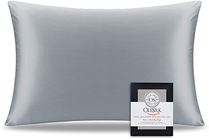 OLESILK 22 Momme Silk Pillowcase for Hair and Skin, Both Sides 100% Soft Mulberry Silk Pillow Case with Hidden Zipper, 600 Thread Count Silk Pillow Cover, Grey, Standard, 1 Pack