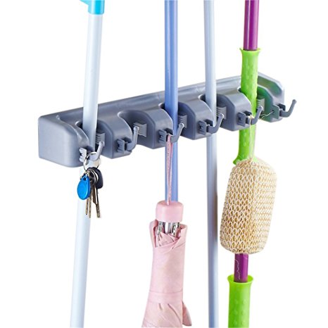 Mop and Broom Holder,Coopere GTV Garage Storage Hooks Wall Mounted Organizer for Shelving Ideas 5 Position 6 Hooks,