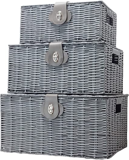 Vencier Set of 3 Resin Woven Wicker Storage Basket Box with Lid & Lock, Grey, Large, Medium, Small (Grey)