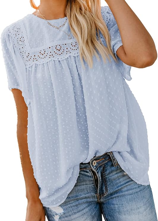 Dokotoo Womens Crewneck Lace Crochet Pom Pom Flowy Short Sleeve Casual Shirts Blouses Tops