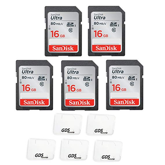 5x Genuine SanDisk Ultra 16GB Class 10 SDHC Flash Memory Card Up To 80MB/s Memory Card (SDSDUNC-016G-GN6IN) with slim memory card case (5pcs)