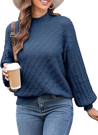 Dokotoo Womens Fall Sweaters 2024 Fashion Cable Knit Mock Neck Lantern Sleeve Casual Loose Pullover Tops