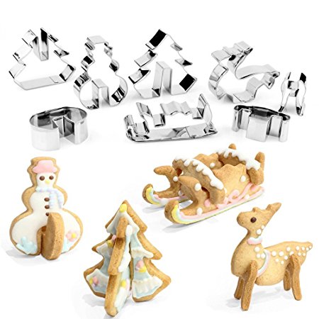 3D Christmas Cookie Cutters Set Stainless Steel Food Grade - Snowman, Christmas Tree, Reindeer, Sleigh - 8 Piece