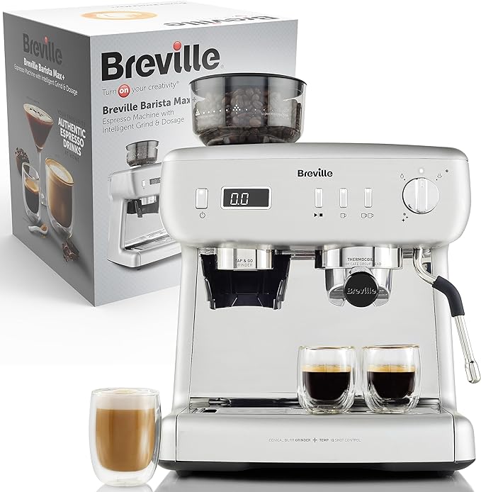 Breville Barista Max  Espresso, Latte and Cappuccino Coffee Machine, Intelligent Grind and Dosage, Precision Extraction Timer, Integrated Milk Frother, 15 Bar Italian Pump, Silver [VCF153]