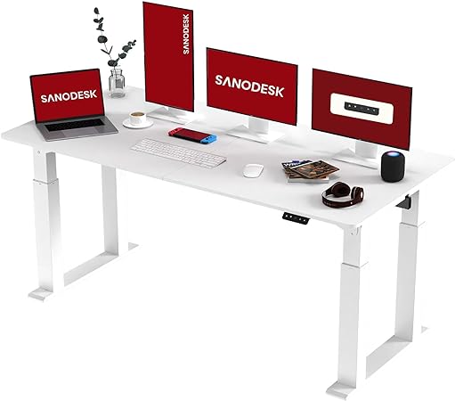 SANODESK Höhenverstellbarer Schreibtisch (180x80 cm) - Elektrischer Schreibtisch mit 4 Beinen, 2 starken Motoren, Memory-Steuerung (Weiß)