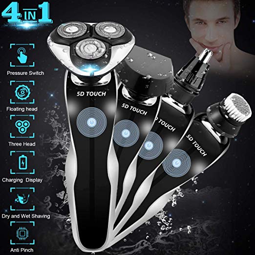 Electric Razor Shaver for Men, 4 in 1 Dry Wet Waterproof men's Rotary Shaver Portable Face Shaver Travel Rechargeable Beard Trimmer USB Cordless Nose Trimmer Facial Cleaning Brush for Dad, Husband