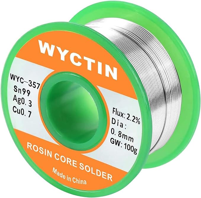 WYCTIN 357 0.8mm Lead Free Solder Wire Sn 99-Ag 0.3-Cu 0.7 Tin Reel with Rosin Core, 0.22lb (100g)