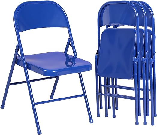 VECELO Metal Folding Chairs Steel Frame with Double Hinged for Office Kitchen Dinning Wedding Patio and Garden,No Assembly, Set of 4, Blue