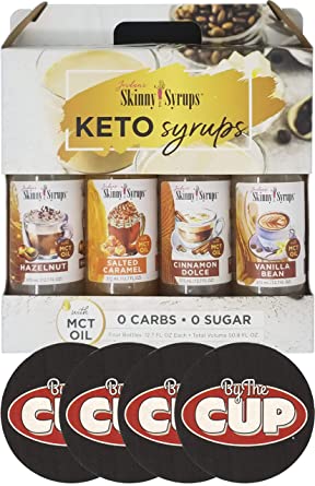 Jordan's Skinny Syrups Sugar Free Keto Quad Includes: Cinnamon Dolce, Salted Caramel, Hazelnut, and Vanilla Bean 12.7 fl oz Bottles (Pack of 1) with By The Cup Coasters