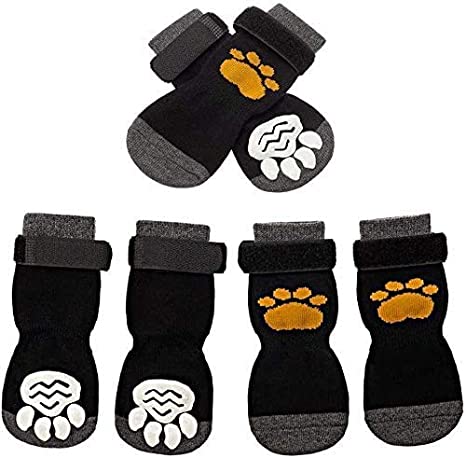SCIROKKO 3 Pairs Anti-Slip Dog Socks - Adjustable Grip Pet Non-Slip Paw Protection with Golden Paw Pattern for Puppy Doggy Indoor Traction Control Wear on Floor