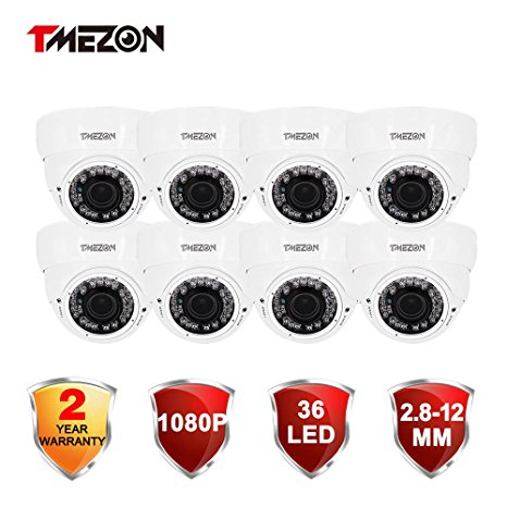 TMEZON 8 Pack Indoor Outdoor HD-CVI 2.0MP 1080P 2.8-12mm Zoom Lens Dome Night Vision Security Camera (White)