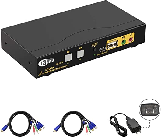 CKLau 2 Port HDMI KVM Switch with Cables, USB 2.0 Hub and Audio Control 4 Computers/DVR/NVR, 4KX2K@30Hz Support Wireless Keyboard Mouse for Linux, Windows, Mac, Unix, Raspbian, Ubuntu