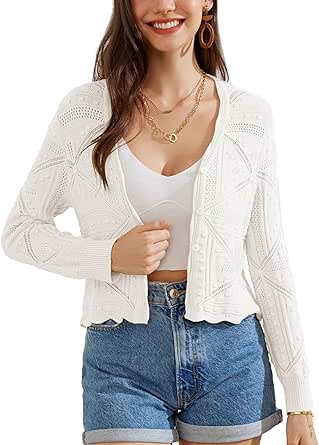 GRACE KARIN Women Crochet Cropped Cardigan Casual Elegant Lightweight Button Sweater Long Sleeve Hollowed-Out Shrug Tops