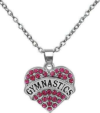 Silver Tone and Fuchsia/Pink Crystal Heart Shaped "GYMNASTICS" Necklace for Girls, Teens, Women