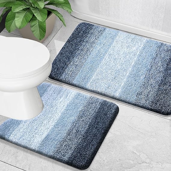 OLANLY Luxury Bathroom Rug Set 2 Piece, Soft Absorbent Microfiber Bath Rugs and U-Shaped Contour Toilet Rug, Non-Slip Bath Carpet, Machine Wash Dry, Bath Mats for Bathroom (30"x20" 24"x20", Dark Blue)