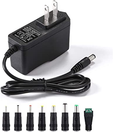 12V 2A AC Adapter Charger Replacement with 8 Tips, Regulated Power Supply Cord for LED Strip Light, CCTV Camera, BT Speaker, GPS, Webcam, Router, DC12V Transformer (10 FT)