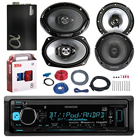 Kenwood KMMBT315U Bluetooth Car radio stereo Receiver Bundle Combo With 2x 300W 6.5" 2-Way Car Audio Speakers   2x 6x9" 3-Way Stereo Speaker   2400 Watt Class A/B Amplifier   Boss 8g Amp Install Kit