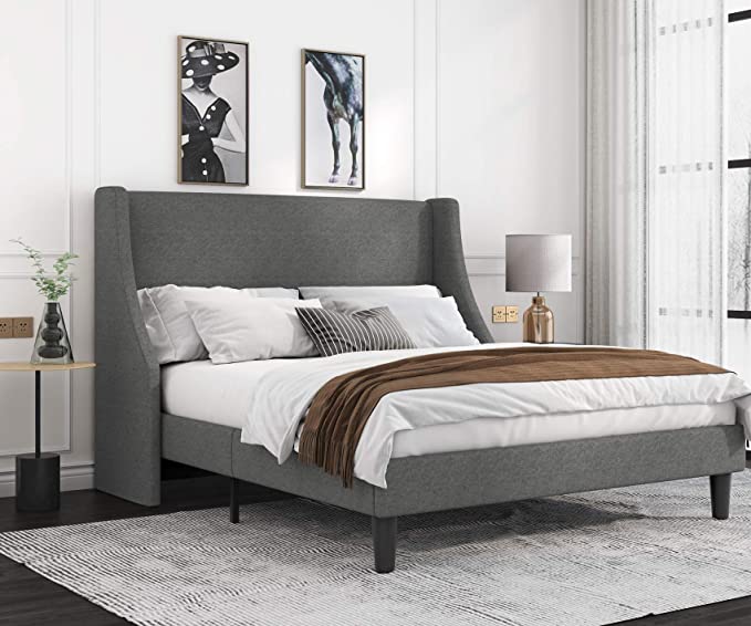 Allewie Queen Size Platform Bed Frame with Deluxe Wingback/Upholstered Bed Frame with Headboard/Wood Slat Support/Mattress Foundation/Light Grey(Queen)