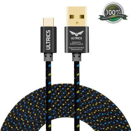 Micro USB Cable ULTRICS® Nylon Braided Charger Cable 10ft / 3M Tangle Free Sync Charge USB Android Charger Lead for Samsung Galaxy, Sony, Nokia, Microsoft, HTC, Motorola, Kindle, Nexus, Huawei, LG, Xiaomi, OPPO - Lifetime Warranty, Money back Guarantee - Black