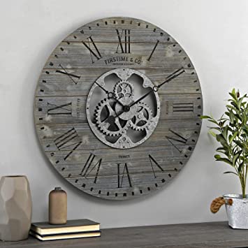 FirsTime & Co. Gray Shiplap Gears Farmhouse Wall Clock, American Designed, Gray, 27 x 2 x 27 inches