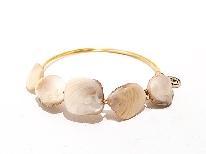 Gold Wire Seashell Mother of Pearl Stacking Bangle Neutral Tan Beige Bracelet