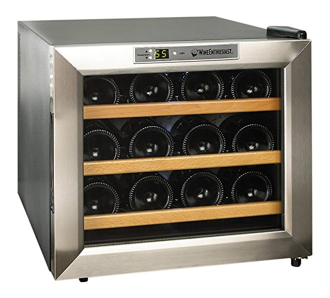 Wine Enthusiast 272 02 13W Silent 12 Bottle Wine Cooler (Stainless Steel/Wood Shelves), Silver