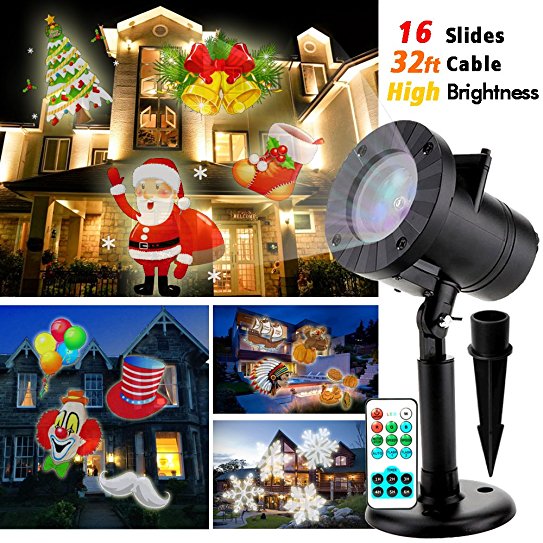 Christmas Projector, TESSIN Outdoor Waterproof High Brightness Led Projector Light Show with 32ft Cable & Remote Control for Christmas, Party and Holiday Decoration (16 Patterns)