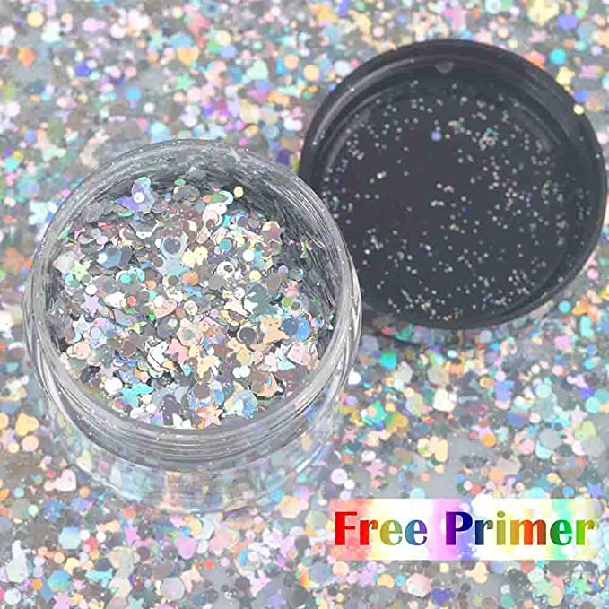 COKOHAPPY Large Laser Silver Chunky Cosmetic Mix Glitter Jar (20 ml) Includes Long Lasting Fix Gel (10ml) Holographic Rave Shining Festival Face Body Hair Nails Set