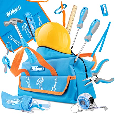 Hi-Spec 18 Piece Kids Tool Kit with Blue Tool Bag, Kids Apron, Pretend Play Hard Hat, Safety Glasses, REAL Small Size Hand Tools, Level, 4oz Hammer for DIY Childrens Construction Education Tool Set