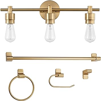 Globe Electric 51563 Alexandria 5-Piece Bathroom Set, Matte Brass, 3-Light Vanity Light, Towel Bar, Towel Ring, Robe Hook, Toilet Paper Holder