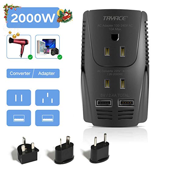 TryAce 2000W 220V to 110V Voltage Converter Step Down Voltage for Hair Dryer, Straightener, Curling Iron,Laptop,Cell Phone.Power Converter with 2-Port USB and UK/AU/US/EU Worldwide 10A Plug Adapter