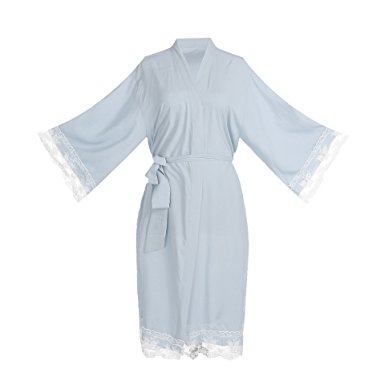 Ellenwell Women's Cotton Knit Kimono Robe for bride and Bridesmaid with Lace Trim Nightwear